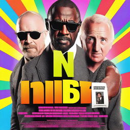 Create a movie poster for a geeky action film titled 'NBIT!' starring Idris Elba, Jason Statham in a wig, Timothée Chalamet, and James Corden