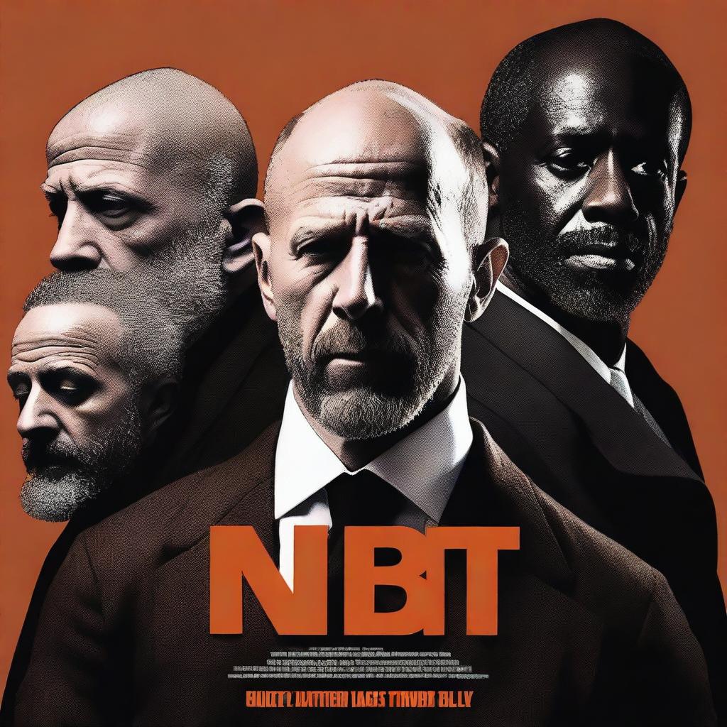 Create a movie poster for a serious drama film titled 'NBIT!' starring Jason Statham in a brown wig with a beard, Timothée Chalamet, James Corden, and Idris Elba