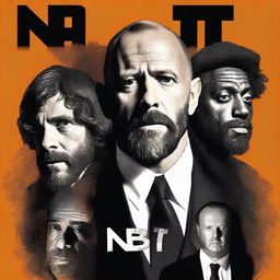 Create a movie poster for a serious drama film titled 'NBIT!' starring Jason Statham in a brown wig with a beard, Timothée Chalamet, James Corden, and Idris Elba