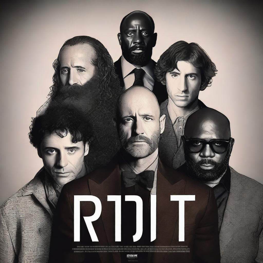 Create a movie poster for a serious drama film titled 'NBIT!' starring Jason Statham in a brown wig with a beard, Timothée Chalamet, James Corden, and Idris Elba