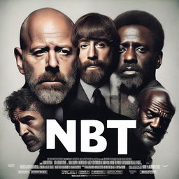 Create a movie poster for a serious drama film titled 'NBIT!' starring Jason Statham in a brown wig with a beard, Timothée Chalamet, James Corden, and Idris Elba