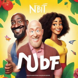 Create a movie poster for a Disney film titled 'NBIT!' starring Farmer Laura, Jason Statham in a brown wig with a beard, Timothée Chalamet, James Corden, and Idris Elba