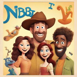 Create a movie poster for a Disney film titled 'NBIT!' starring Farmer Laura, Jason Statham in a brown wig with a beard, Timothée Chalamet, James Corden, and Idris Elba