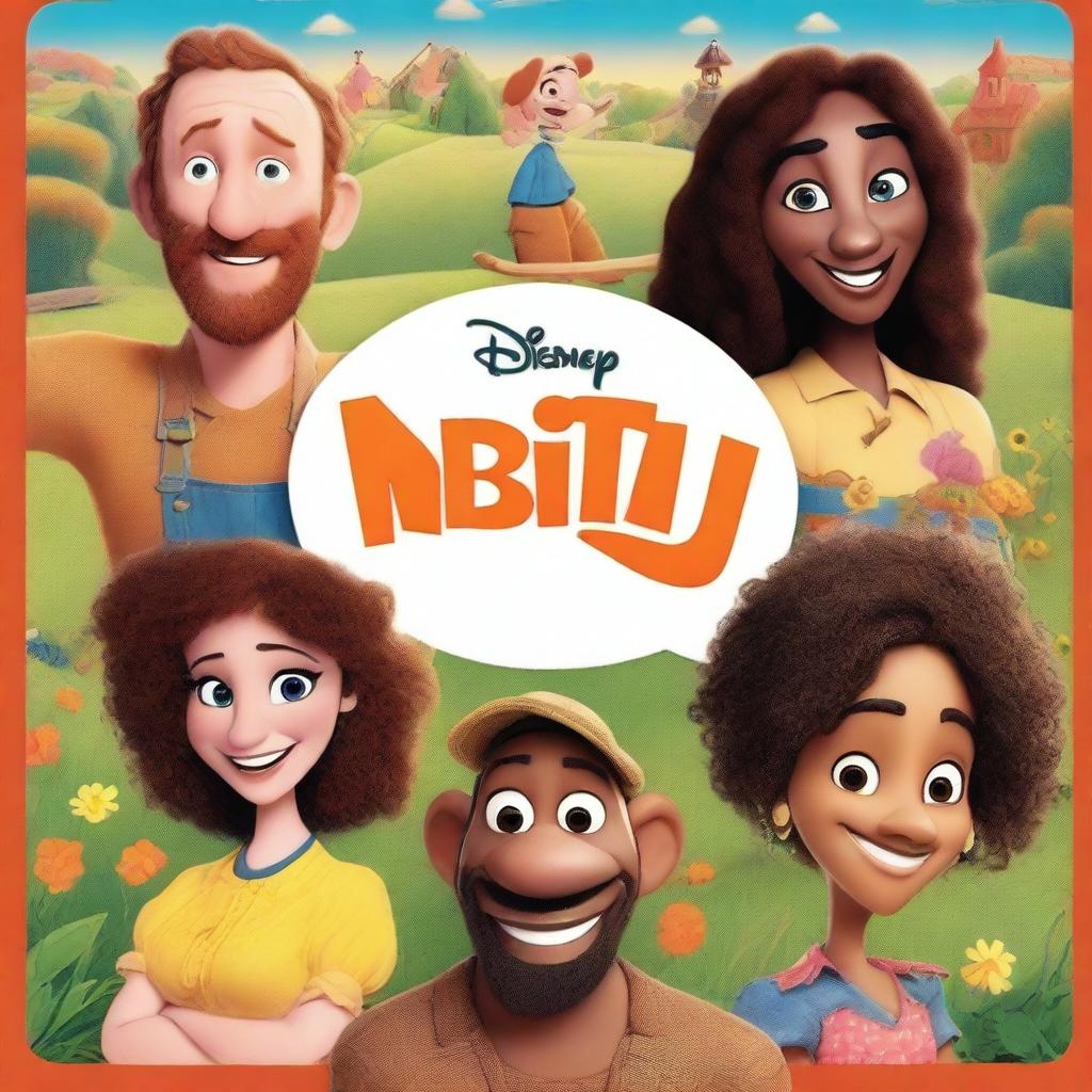 Create a movie poster for a Disney film titled 'NBIT!' starring Farmer Laura, Jason Statham in a brown wig with a beard, Timothée Chalamet, James Corden, and Idris Elba