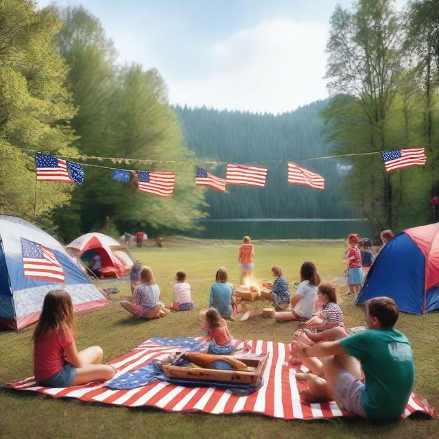 A scenic view of a patriotic sleepaway camp with children engaging in various activities