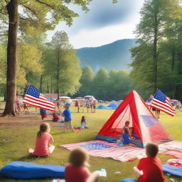 A scenic view of a patriotic sleepaway camp with children engaging in various activities