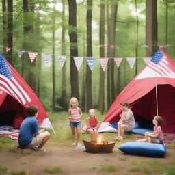 A scenic view of a patriotic sleepaway camp with children engaging in various activities