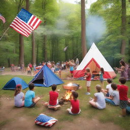 A scenic view of a patriotic sleepaway camp with children engaging in various activities