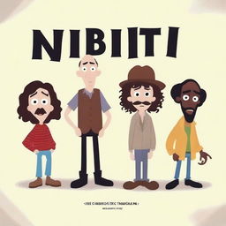 Create a movie poster for a Disney horror film titled 'NBIT!' starring Jason Statham in a brown wig with a beard, Timothée Chalamet, James Corden, Farmer Laura, and Idris Elba