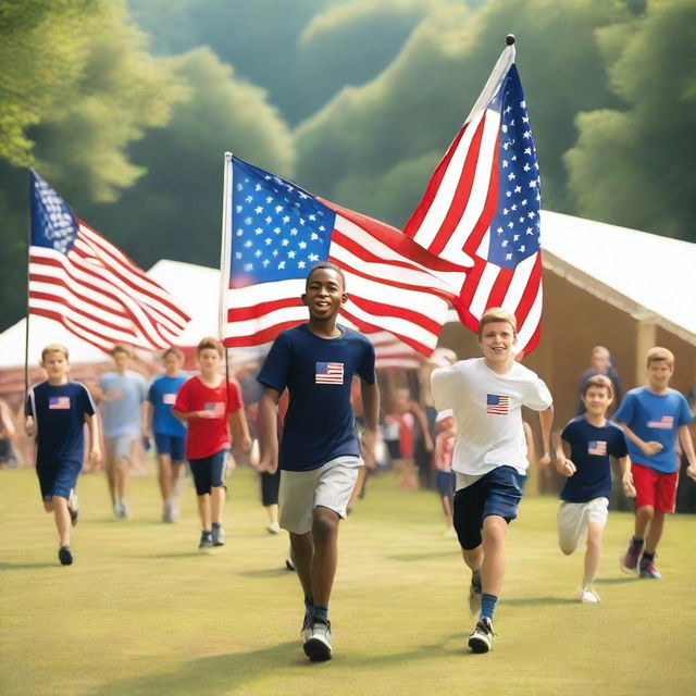 A vibrant scene of a patriotic athletic sleepaway camp for boys