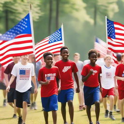 A vibrant scene of a patriotic athletic sleepaway camp for boys