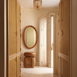 A luxurious, small entrance hall with classic stylings and modern touches, featuring a large L-shaped rattan closet. The color scheme radiates with hues of beige and pistachio, a mirror, and a fancy entrance door cap off the sophisticated design.