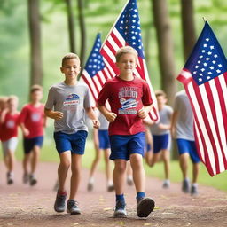 A vibrant scene of a patriotic athletic sleepaway camp for boys