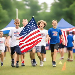 A vibrant scene of a patriotic athletic sleepaway camp for boys