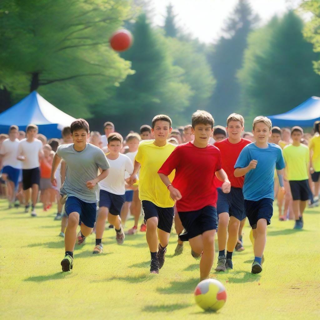 A lively scene of an athletic sleepaway camp for boys