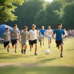 A lively scene of an athletic sleepaway camp for boys