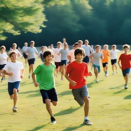 A lively scene of an athletic sleepaway camp for boys