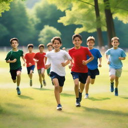 A lively scene of an athletic sleepaway camp for boys