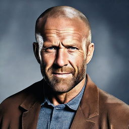 Create an image of Jason Statham wearing a brown wig with a beard