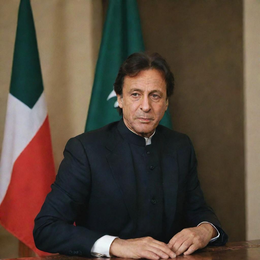 A portrait of Imran Khan, the former Prime Minister of Pakistan, in formal attire against a backdrop of the Pakistan flag.