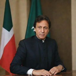 A portrait of Imran Khan, the former Prime Minister of Pakistan, in formal attire against a backdrop of the Pakistan flag.