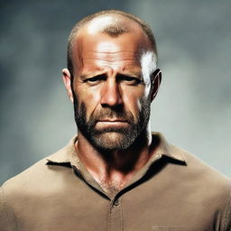 Create an image of Jason Statham wearing a brown wig with a beard