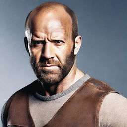 Create an image of Jason Statham wearing a brown wig with a beard