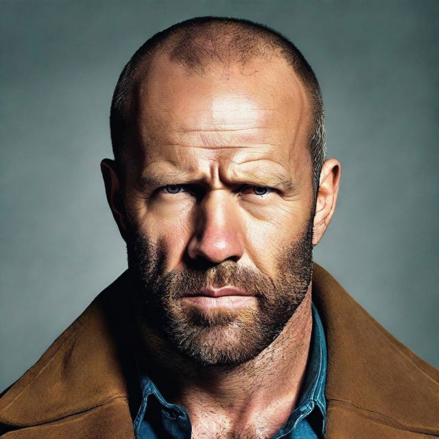 Create an image of Jason Statham wearing a long brown wig with a big bushy beard