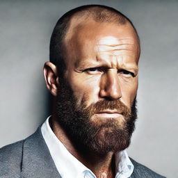 Create an image of Jason Statham wearing a long brown wig with a big bushy beard