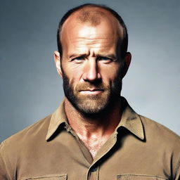 Create an image of Jason Statham wearing a long brown wig with a big bushy beard