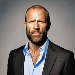 Create an image of Jason Statham wearing a long brown wig with a big bushy beard