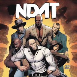 Create a comic book cover for a title called 'NBIT!' featuring Jason Statham in a brown wig with a beard, Timothée Chalamet, James Corden, Farmer Laura, and Idris Elba