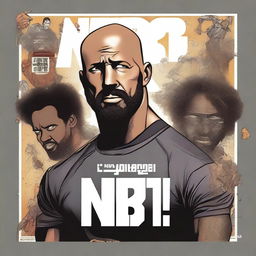 Create a comic book cover for a title called 'NBIT!' featuring Jason Statham in a brown wig with a beard, Timothée Chalamet, James Corden, Farmer Laura, and Idris Elba