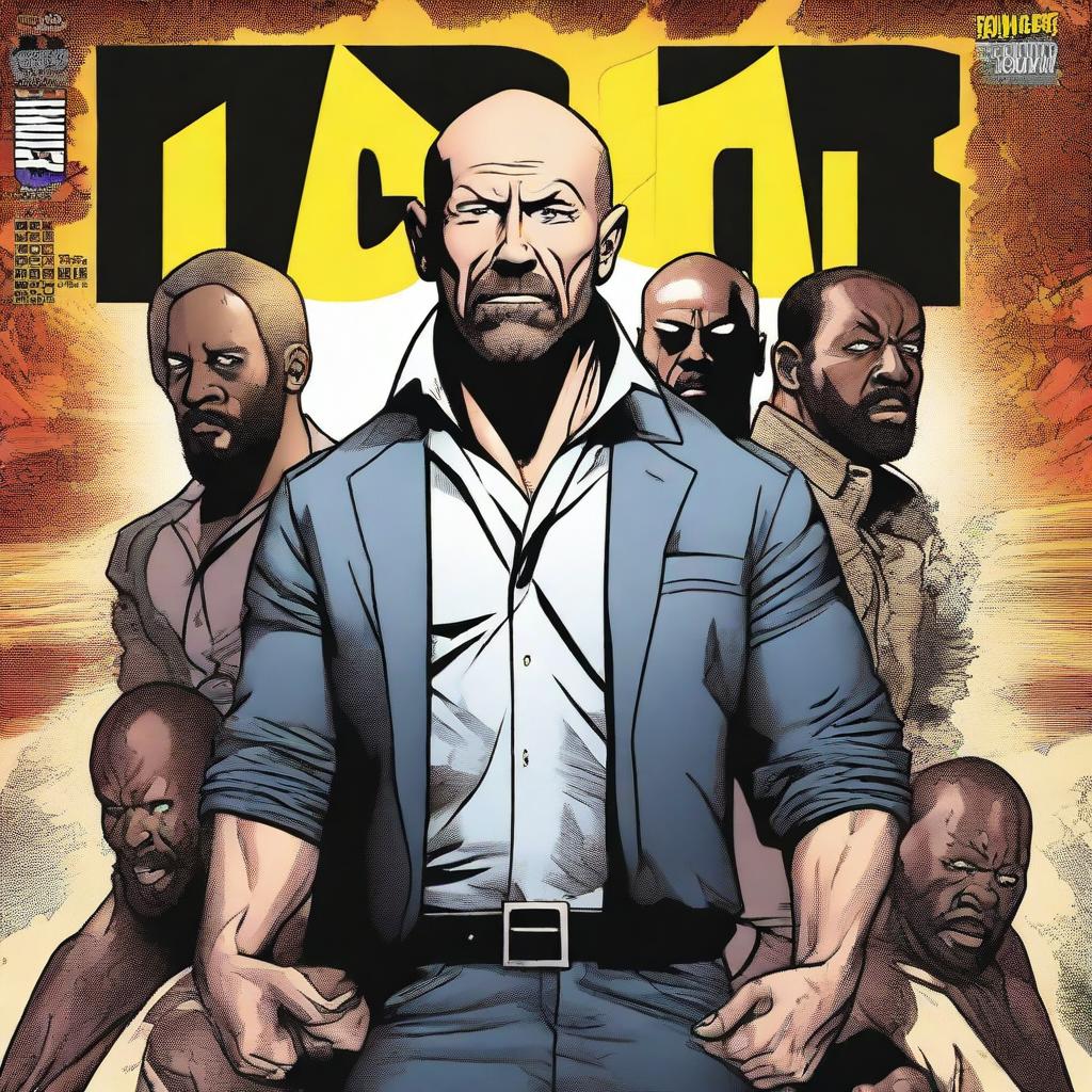 Create a comic book cover for a title called 'NBIT!' featuring Jason Statham in a brown wig with a beard, Timothée Chalamet, James Corden, Farmer Laura, and Idris Elba