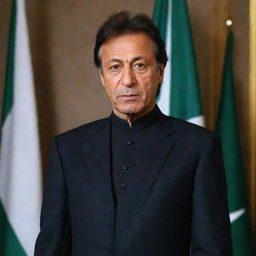 A portrait of Imran Khan, the former Prime Minister of Pakistan, in formal attire against a backdrop of the Pakistan flag.