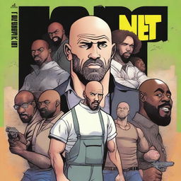 Create a comic book cover for a title called 'NBIT!' featuring Jason Statham in a brown wig with a beard, Timothée Chalamet, James Corden, Farmer Laura, and Idris Elba