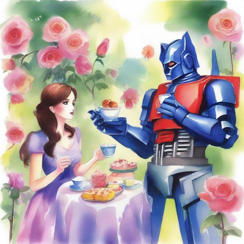 A detailed watercolor painting of Optimus Prime having tea and cakes with Lara Croft and a zombie