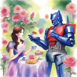 A detailed watercolor painting of Optimus Prime having tea and cakes with Lara Croft and a zombie