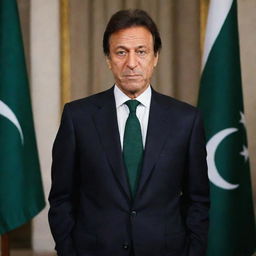 A portrait of Imran Khan, the former Prime Minister of Pakistan, in formal attire against a backdrop of the Pakistan flag.