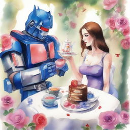 A detailed watercolor painting of Optimus Prime having tea and cakes with Lara Croft and a zombie