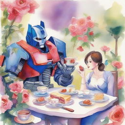 A detailed watercolor painting of Optimus Prime having tea and cakes with Lara Croft and a zombie