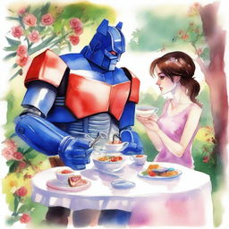 A detailed watercolor painting of Optimus Prime having tea and cakes with Lara Croft and a zombie