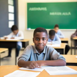 A student sitting at a desk in a classroom, focused on learning