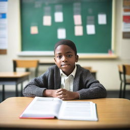 A student sitting at a desk in a classroom, focused on learning