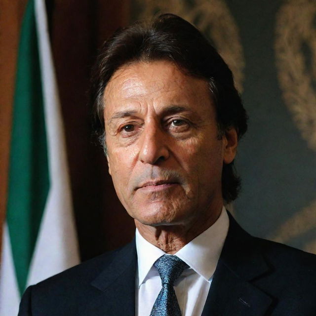 A portrait of Imran Khan, the former Prime Minister of Pakistan, in formal attire against a backdrop of the Pakistan flag.