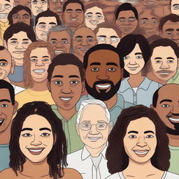 A detailed image of a diverse crowd of people looking directly at the camera