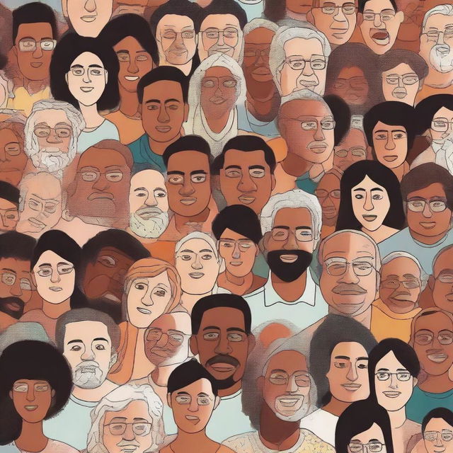 A detailed image of a diverse crowd of people looking directly at the camera