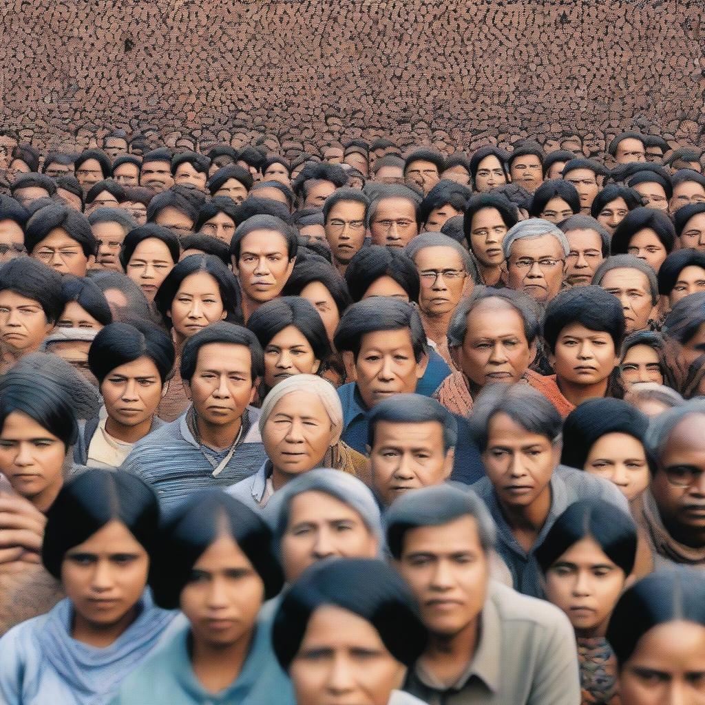 A high-resolution photograph of a massive crowd of a million people looking directly at the camera