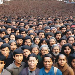 A high-resolution photograph of a massive crowd of a million people looking directly at the camera