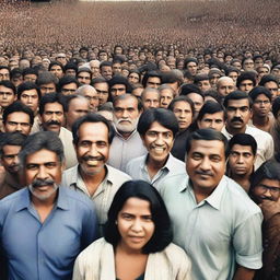 A high-resolution photograph of a massive crowd of a million people looking directly at the camera